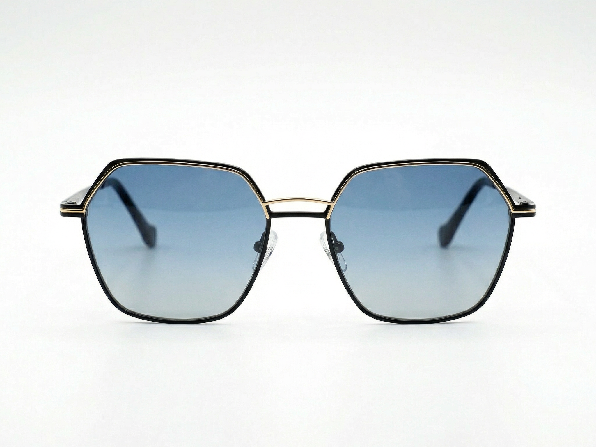 Lumo — Onyx & Gold Hexagonal Frames with Blue Gradient Lenses